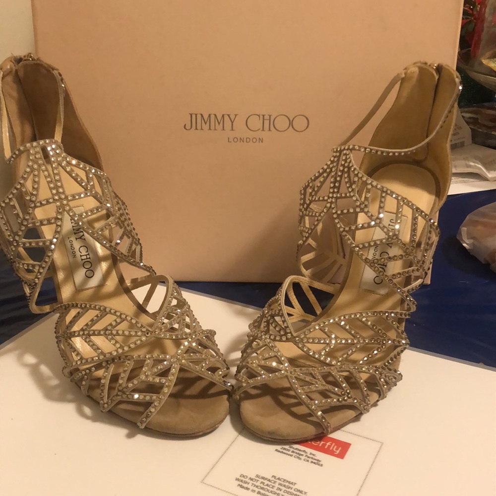 Jimmy choo suede w/hotfix studs nude mix slim heel.
